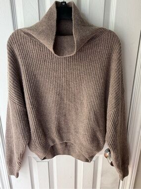 Guess by Marciano Ribbed Cowl Neck Cashmere Sweater in Taupe